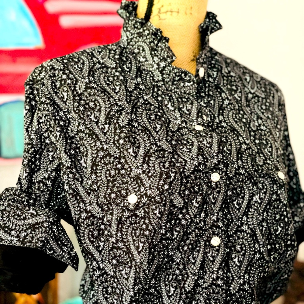 Pearl Snap Long Sleeve Button Down Ruffle Collar Upcycled Shirt